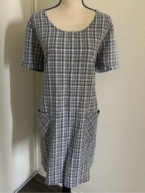 Vintage Plaid Linen Cotton Blend Midi Shift Dress Large Lagenlook Prairie Rustic